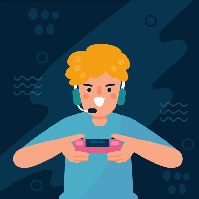 Video game addiction. Boy with yellow hair playing video games.