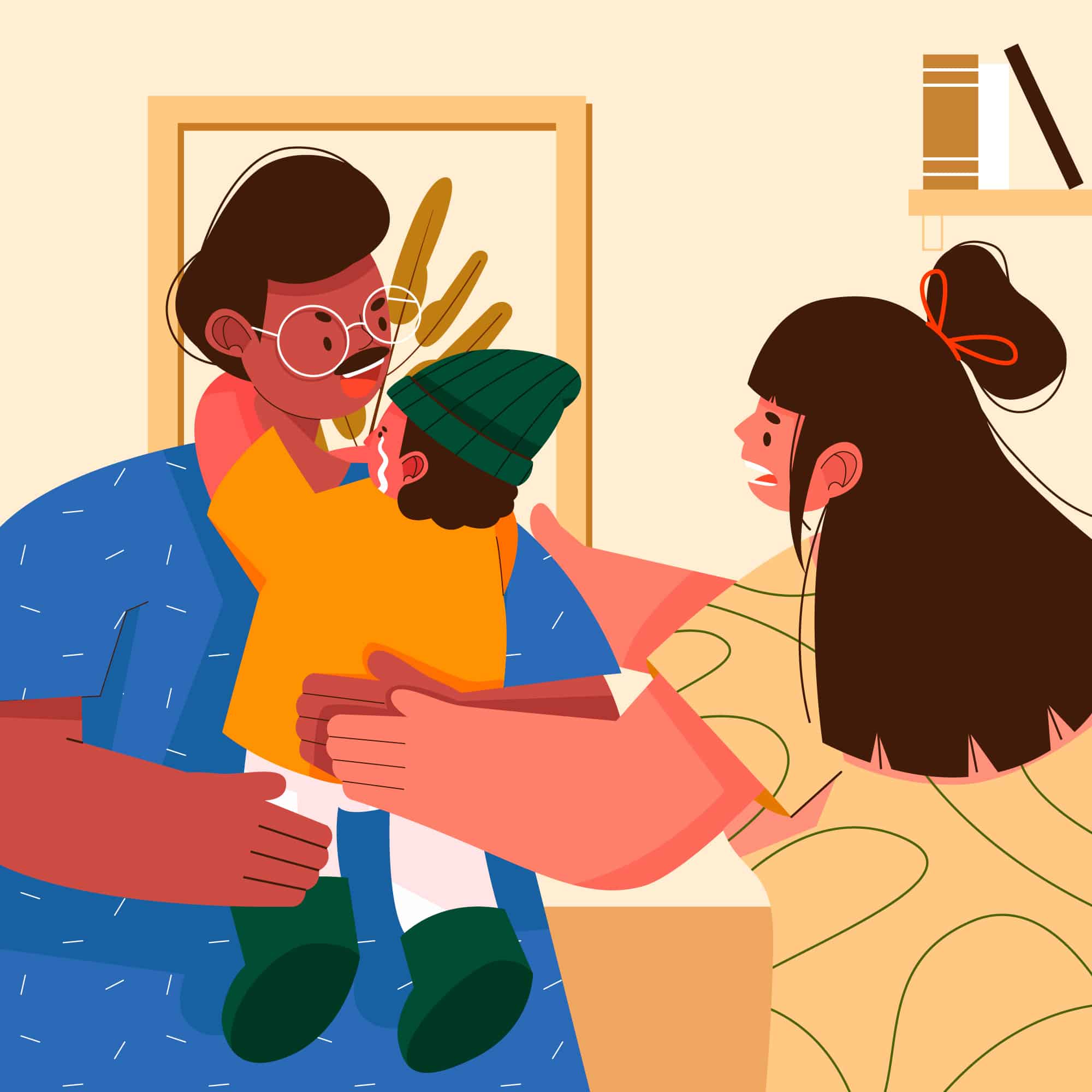 Child with ADHD struggling with emotional regulation and clinging to dad. Mom is trying to calm the child with ADHD.