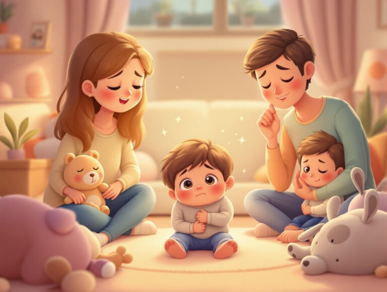 Cartoon illustration of a young child feeling overwhelmed, sitting in a cozy therapy room with caring adults and older children providing gentle support. The scene represents strategies for helping kids manage big emotions and emotional overwhelm in a safe, supportive environment.
