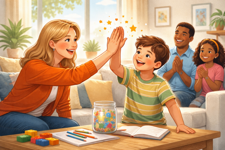 A cheerful parent gives a high-five to her young child at a table with toys and a jar of stars, while two other family members smile and clap in a cozy, sunlit living room.