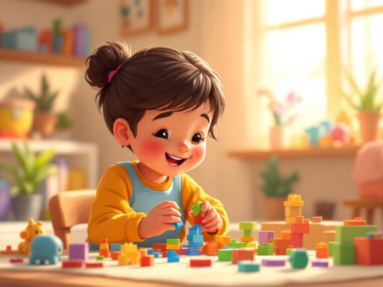 Cartoon illustration of a child engaging in play therapy, focusing on their hands playing with toys in a cozy and nurturing therapy room with warm lighting and calming elements.