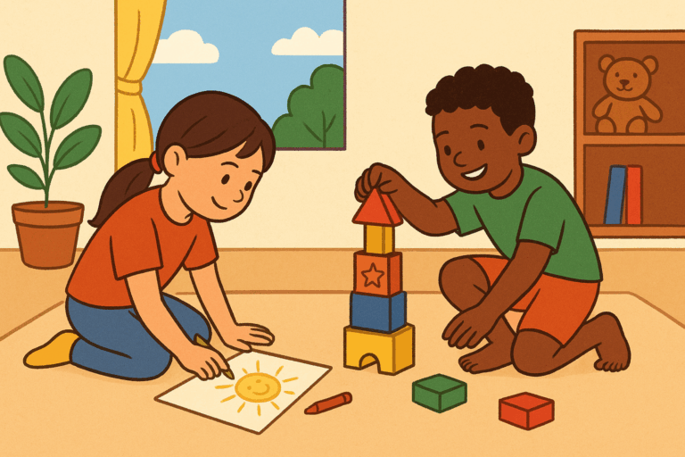 Two children playing indoors: a girl drawing a smiling sun and a boy building a colorful block tower, enjoying unstructured, imaginative play in a bright, cheerful room with plants and toys.