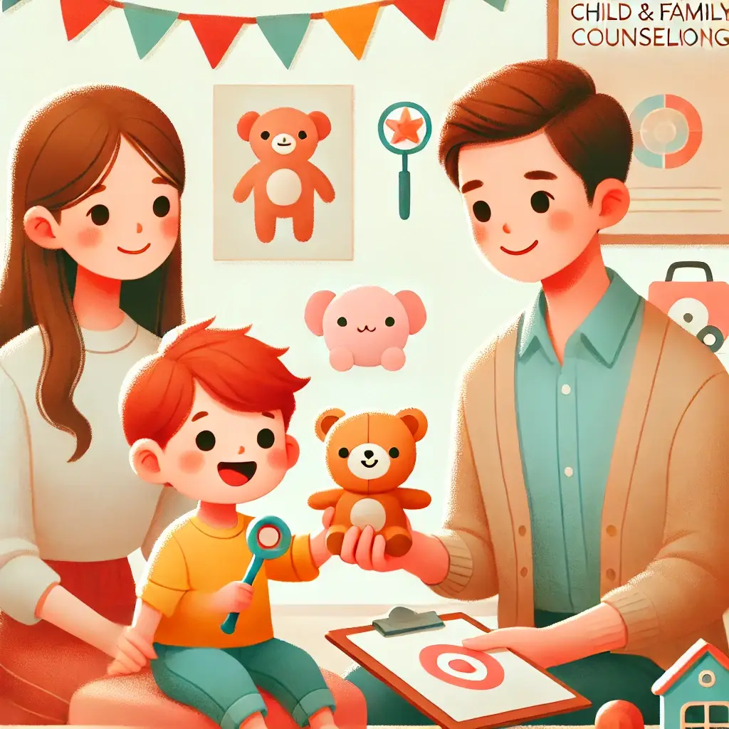 A child holding up a toy, smiling, with a family counselor sitting beside them. The scene is warm and inviting, with soft colors and playful elements