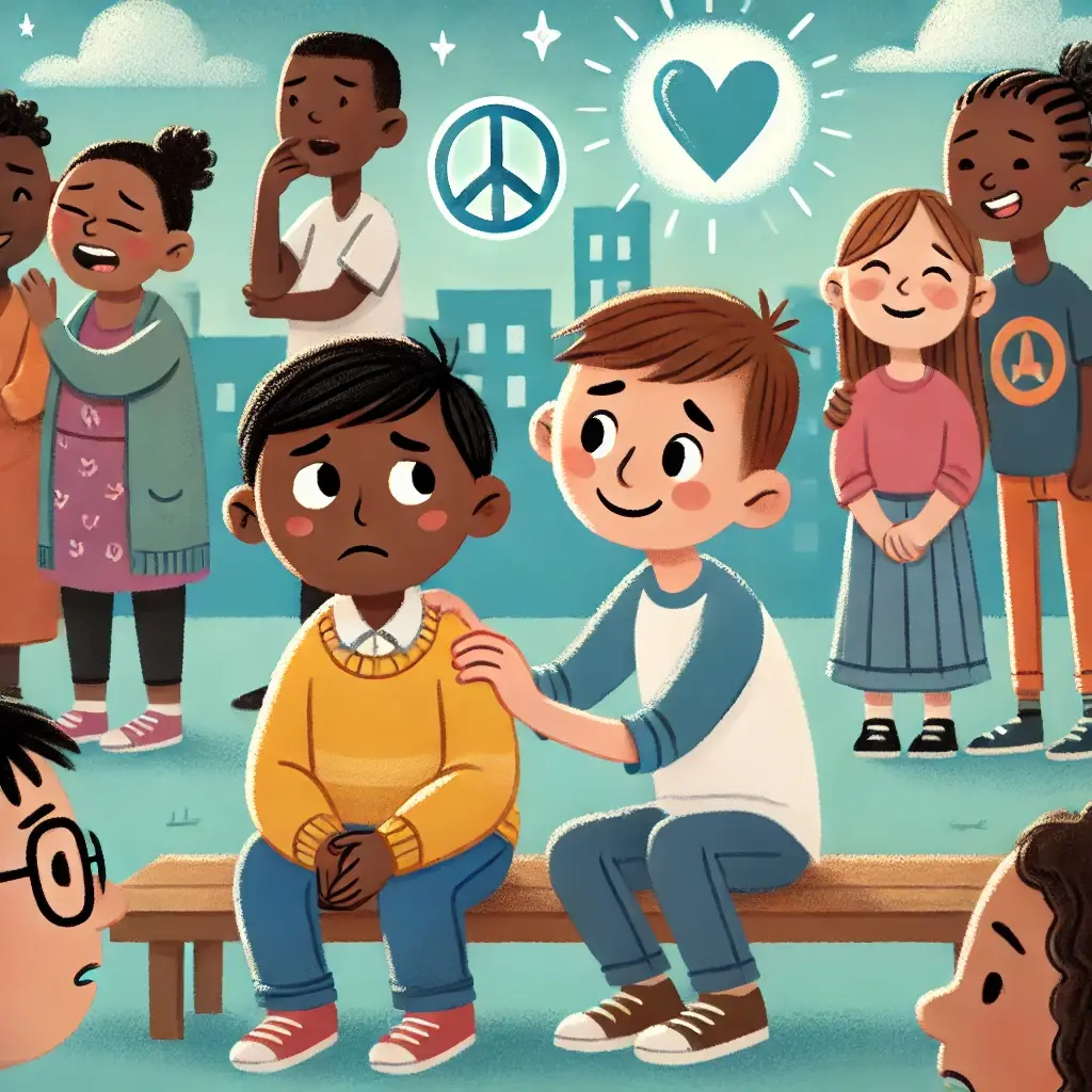 A cartoon illustration of children in a schoolyard, showing one child comforting another while others stand nearby in a supportive and inclusive environment.