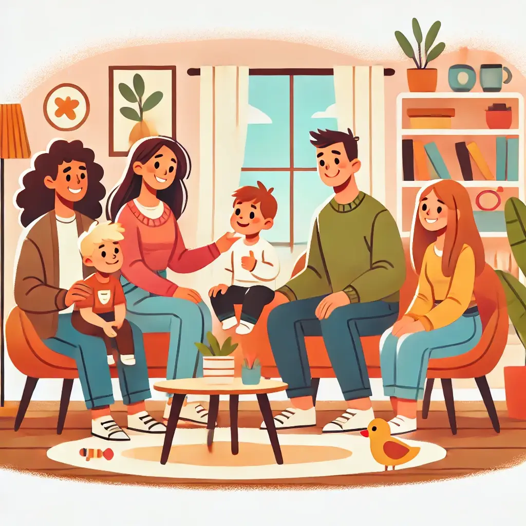 A-heartwarming-cartoon-illustration-of-a-diverse-family-sitting-together-in-a-cozy-living-room-engaging-in-positive-interaction.-The-family-includes-
