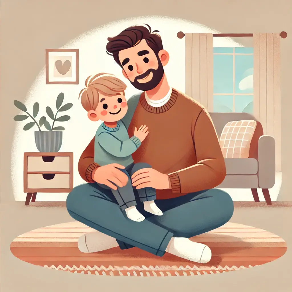 Dad sitting cross legged on the floor holding his young child
