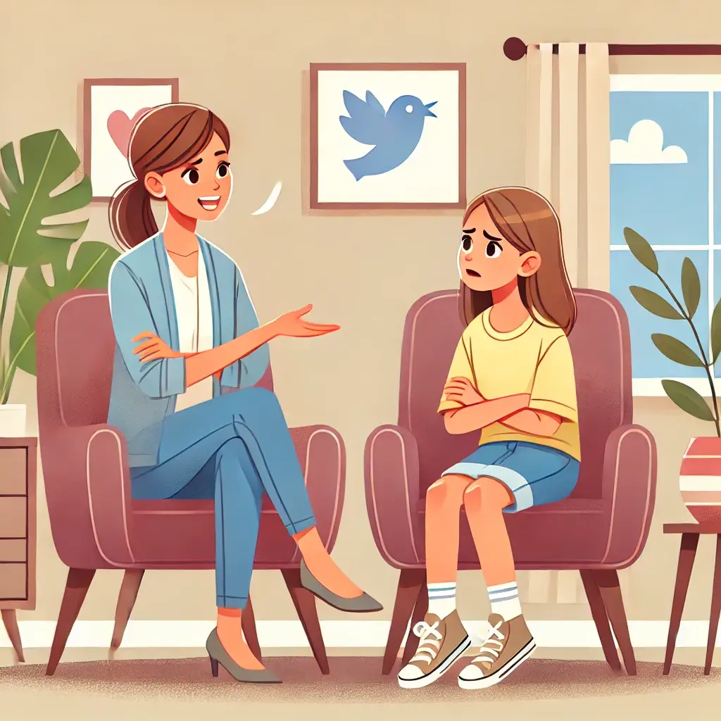 A friendly and emotionally resonant cartoon illustration for a child and family counseling website, showing a mother and teenage daughter in a counsel