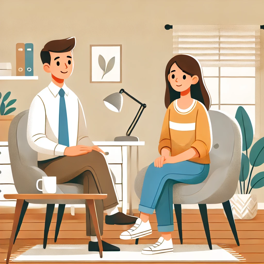A friendly, cartoon-style illustration of a parent sitting with a therapist in a cozy office setting. The therapist is listening attentively,