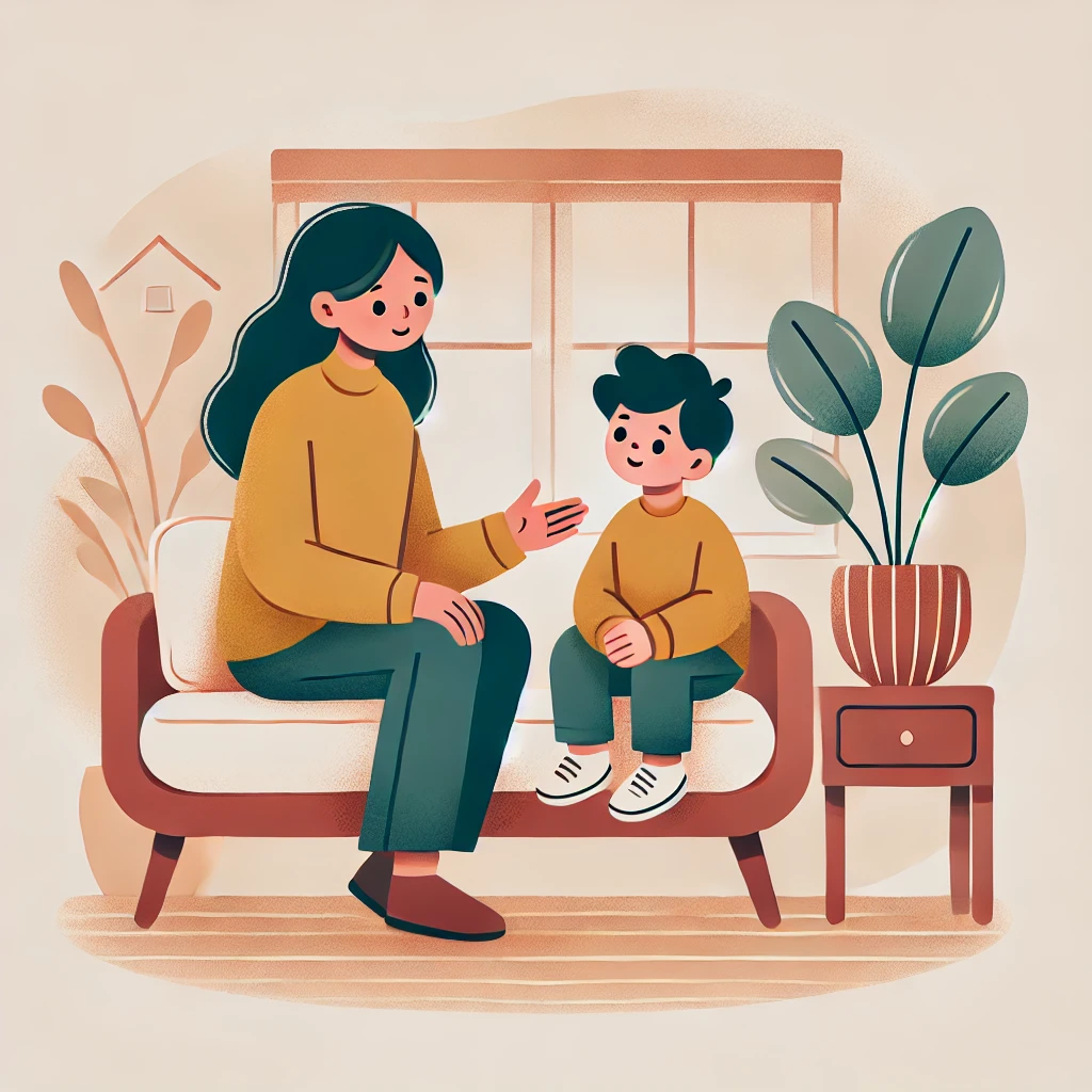 A warm and inviting cartoon illustration of a parent and a child sitting together in a cozy living room. The parent is attentively listening