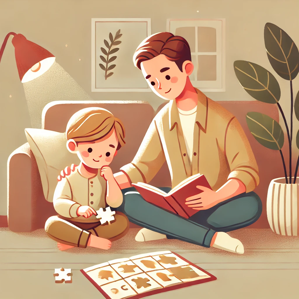 A warm and inviting cartoon illustration of a parent and child engaging in an activity together, such as solving a puzzle or reading a book, in a cozy