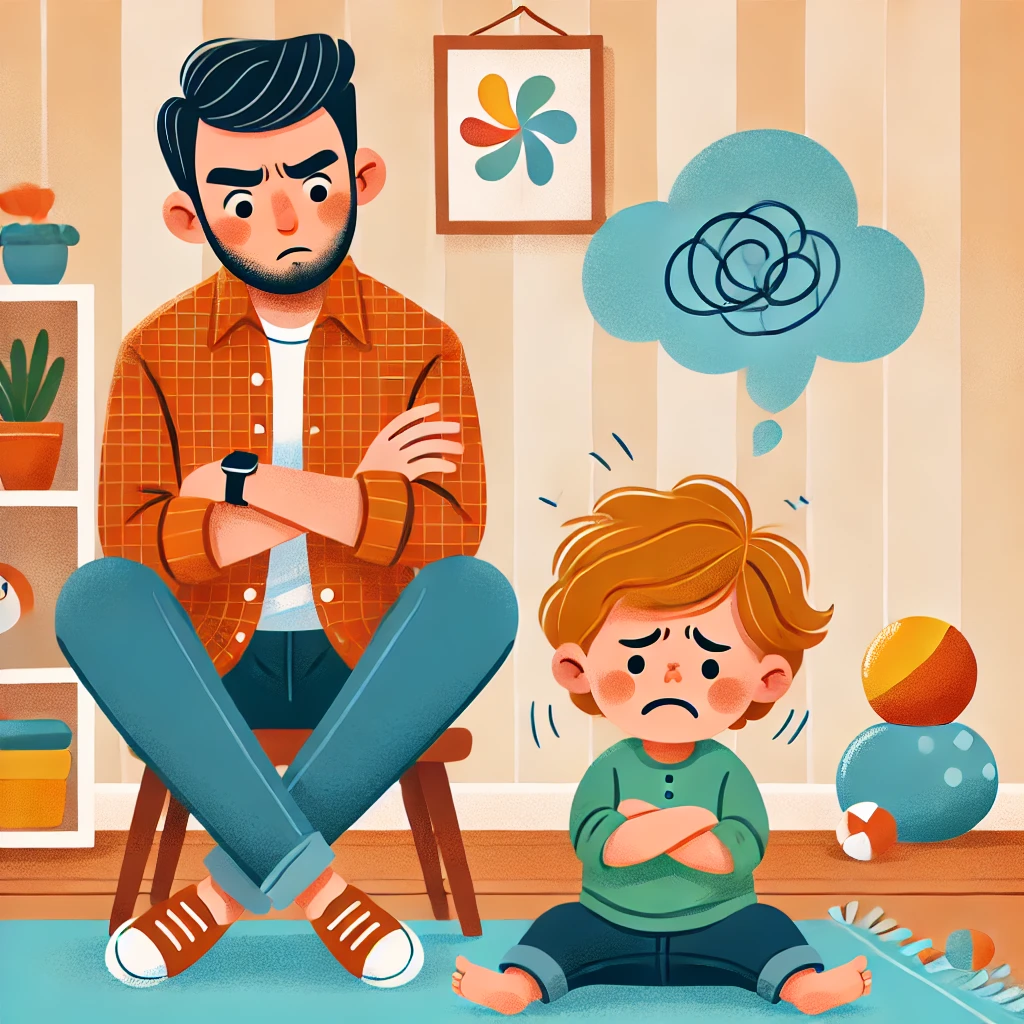 A relatable cartoon image for parents showing a typical parenting moment_ a parent taking a deep breath while their young child is having a meltdown.