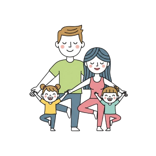 Whimsical line-art icon depicting a family (mother, father, and two children) joyfully practicing a yoga pose together, symbolizing family yoga, wellness, and connection.