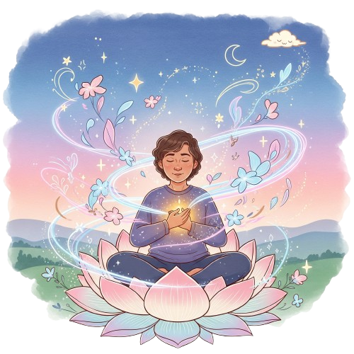 Whimsical illustration of a parent meditating on a giant lotus flower, surrounded by swirling, glowing lines, sparkling stars, and blooming flowers, symbolizing inner peace, self-discovery, and serenity.