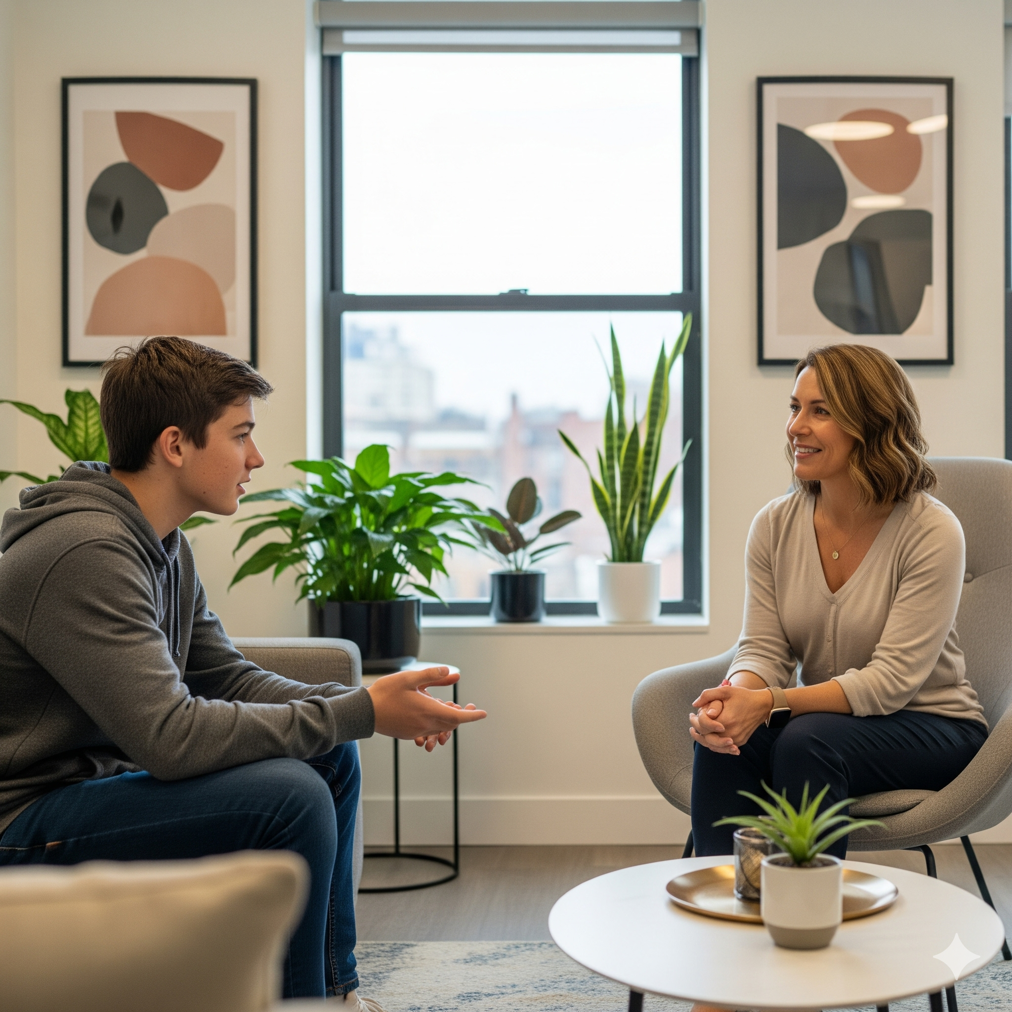 A teenage boy talking openly with a female therapist in a comfortable and supportive office environment in Calgary.