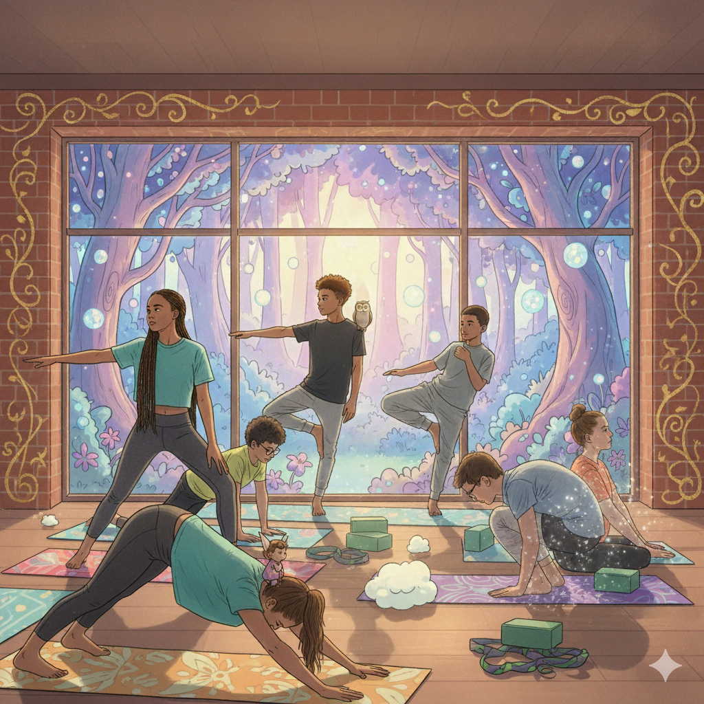 Whimsical cartoon illustration of diverse teenagers practicing various yoga poses in a bright studio with a magical forest view outside. The scene includes an owl and small fairy details, emphasizing a fun and imaginative yoga program for ages 13+.