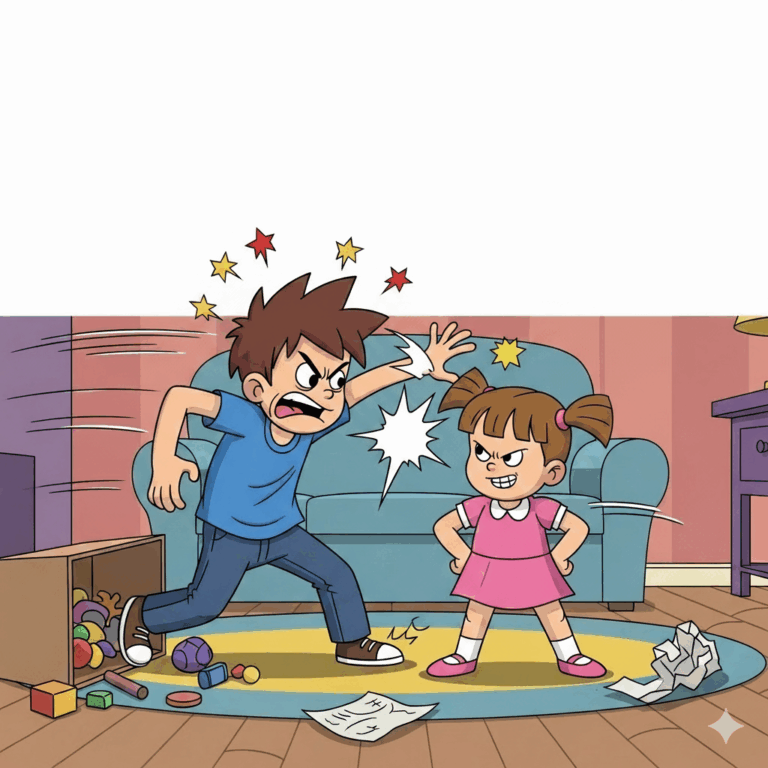 A 2D cartoon illustration of a boy and a girl, siblings, fighting in a messy living room. The boy is lunging forward with an angry expression, while the girl stands defiantly with a mischievous grin.