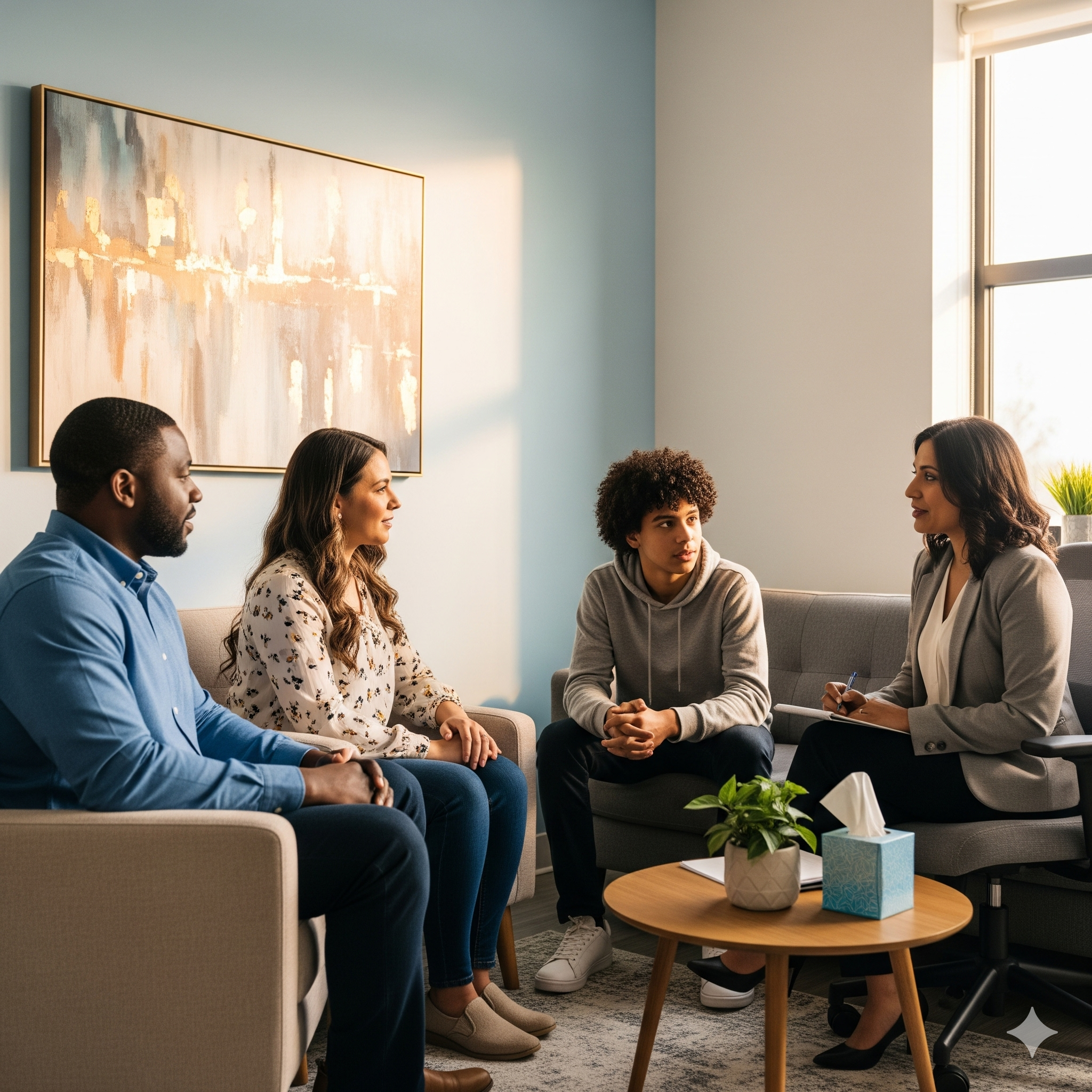 A diverse family, including a teenage boy and his parents, talking with a female therapist during a teen counselling intake session in a Calgary office.
