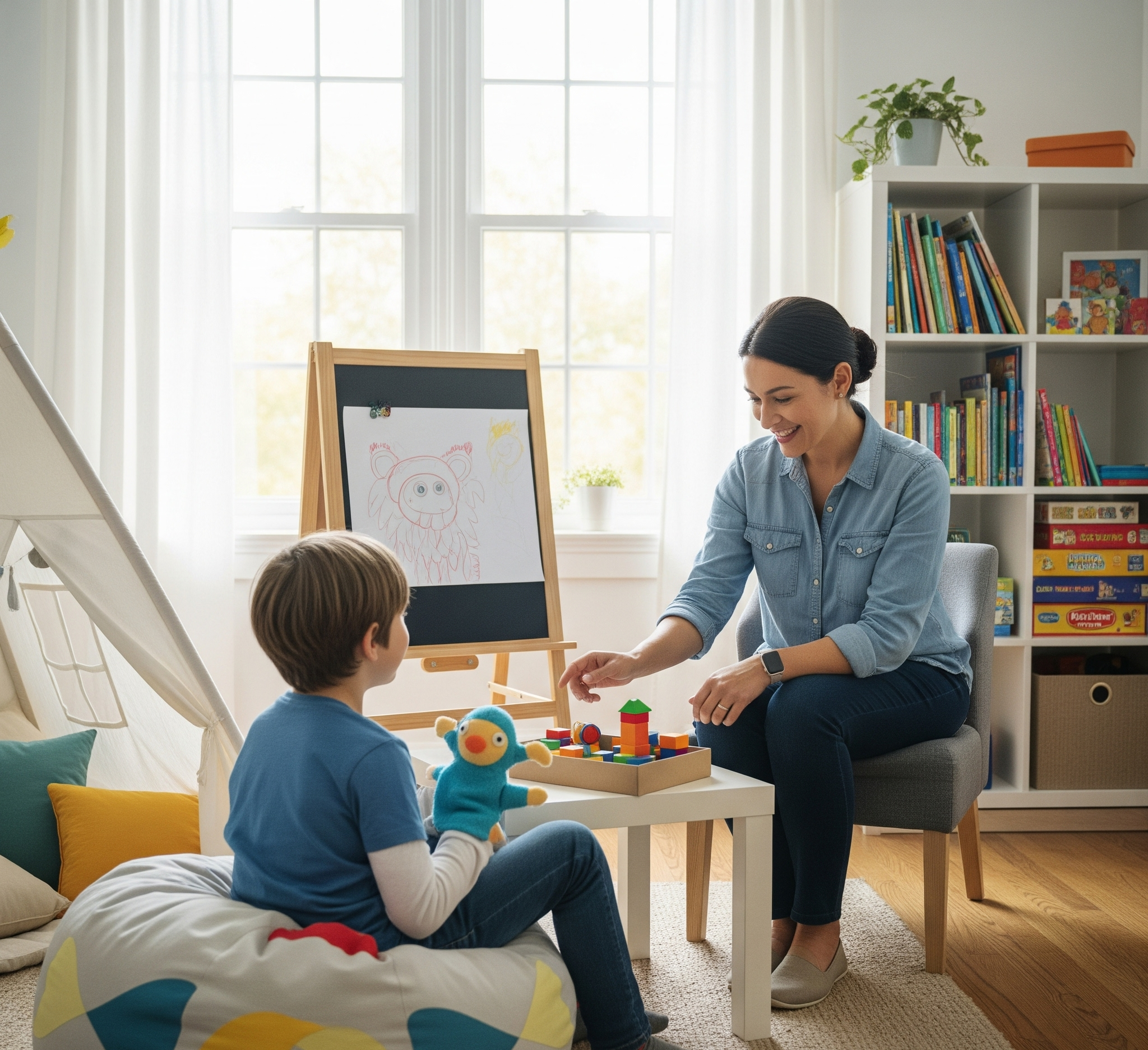 A kind female therapist sitting at a low table, engaging a young child with colorful building blocks during their first play therapy session in Calgary.