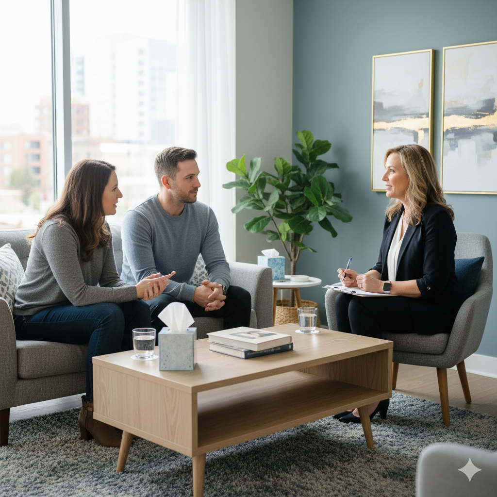 A male and female parent speaking with a therapist during a parent intake session at a child counselling practice in Calgary.