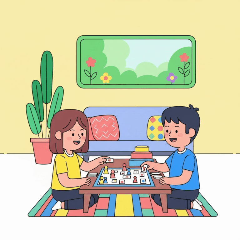 A flat, 2D cartoon illustration of a boy and girl, siblings, happily playing a board game together in a colorful living room. The image conveys a sense of positive and harmonious quality time.