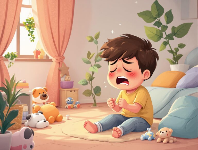Cartoon illustration of a pre-teen child having a tantrum in a cozy, supportive therapy room. The scene highlights that emotional outbursts and big feelings are normal for older children and teens, not just toddlers, in a gentle and caring environment.