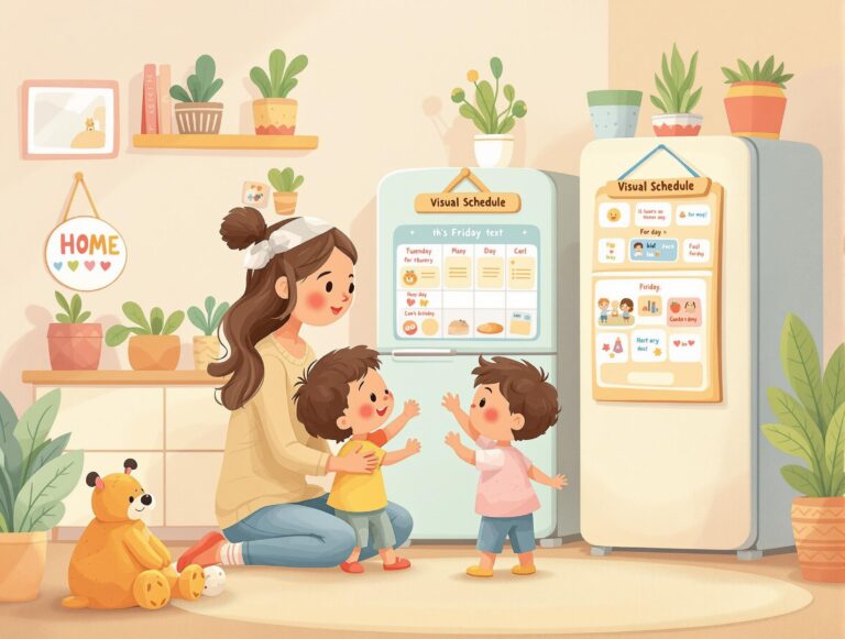 Cartoon illustration of a parent and child using a visual schedule together in a cozy home setting. The scene highlights how to implement visual routines for kids in a supportive, relaxed environment without making it feel like a classroom, encouraging positive daily habits and family connection.