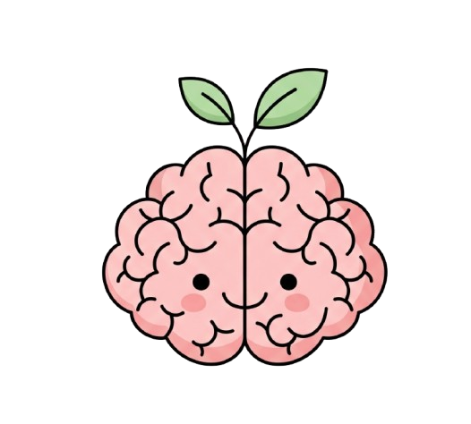 Whimsical line art icon of a smiling brain with a green leaf sprouting from it, symbolizing growth, mental health, and psychological well-being for children and families.