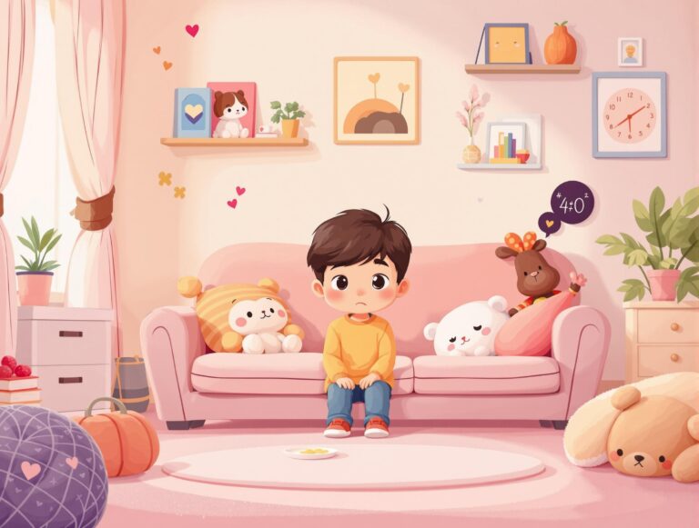 Cartoon illustration of a shy child sitting quietly in a cozy, supportive therapy room, surrounded by caring adults and peers offering gentle encouragement. The scene represents helping shy kids build confidence and find their voice in a safe, nurturing environment.
