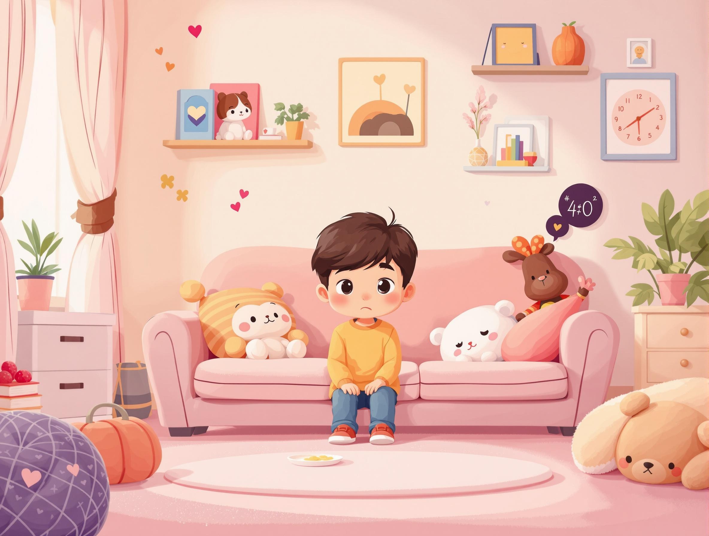 Cartoon illustration of a shy child sitting quietly in a cozy, supportive therapy room, surrounded by caring adults and peers offering gentle encouragement. The scene represents helping shy kids build confidence and find their voice in a safe, nurturing environment.