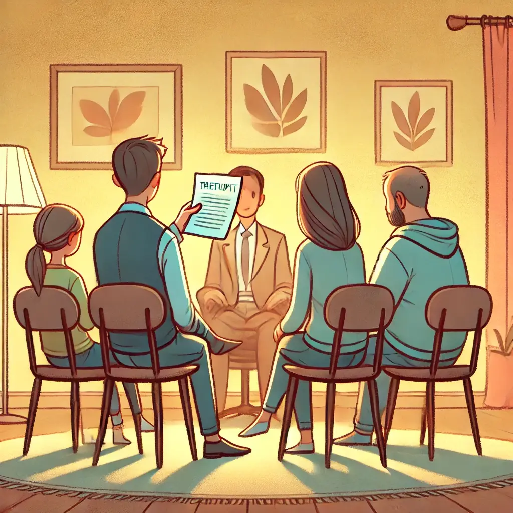 a family sitting in a counselling room listening to the counsellor provide family therapy