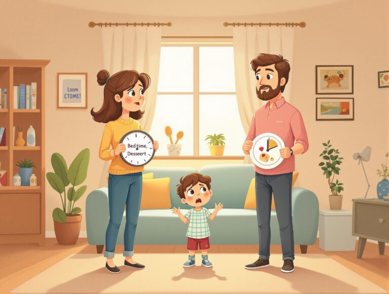 Cartoon illustration of a frustrated mom and dad standing on opposite sides of a cozy living room, each holding conflicting parenting styles, with a curious child in between. Family therapy and parenting support at Tutum Counselling, Calgary.