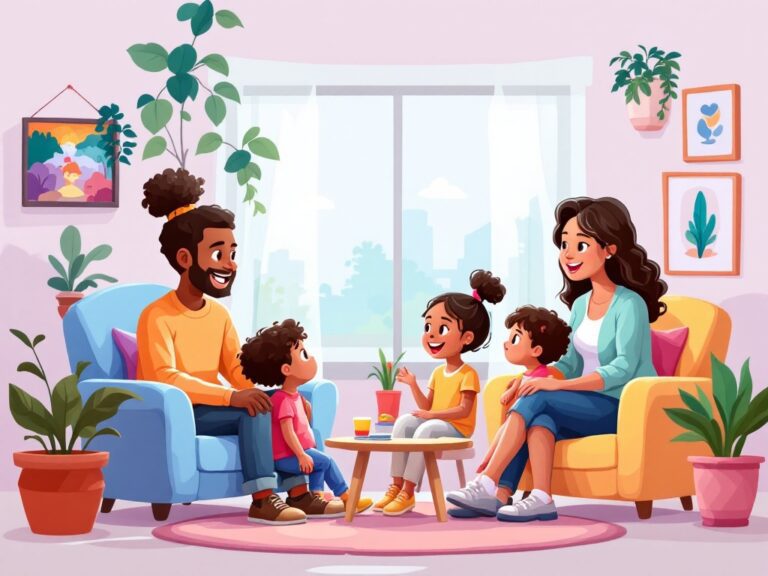 A cartoon-style illustration depicting a diverse family in a cozy room, engaging in a therapy session with a caring therapist, symbolizing effective communication strategies.