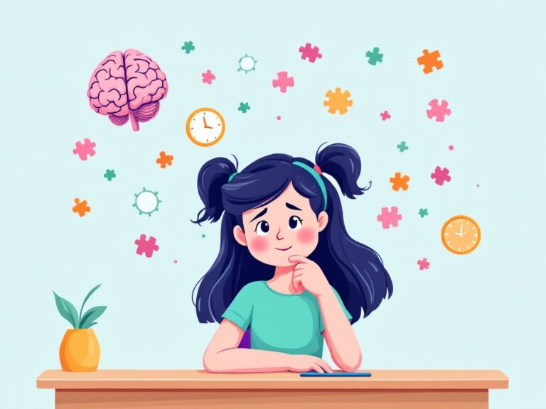 Cartoon illustration of a young girl sitting at a desk, appearing thoughtful and distracted, with ADHD-related icons like a brain, clock, and puzzle pieces floating around her, set against a calm pastel background.