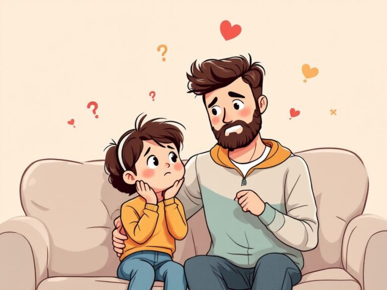 A cartoon illustration of a parent and child sitting on a cozy couch, with symbols like a heart and thought bubbles representing emotions and the idea of seeking counselling support