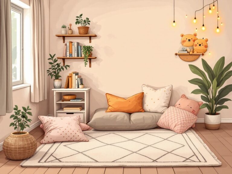 A cozy cartoon illustration of a DIY calming corner at home, featuring a soft rug, comfortable cushions, a small bookshelf with calming books, a plant, and gentle lighting from a lamp or fairy lights. The setting is warm, inviting, and designed for relaxation and mindfulness.