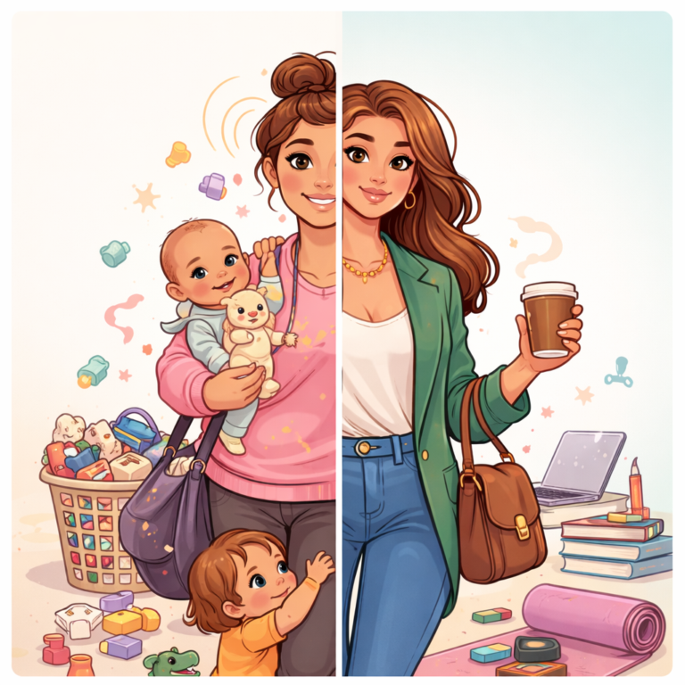 Cartoon woman split between motherhood with kids and toys, and womanhood with work, self-care, and confidence.
