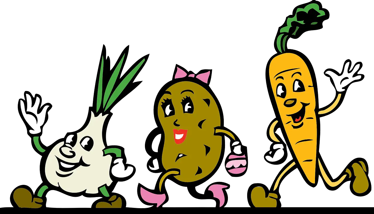 Three vegetables walking and waving