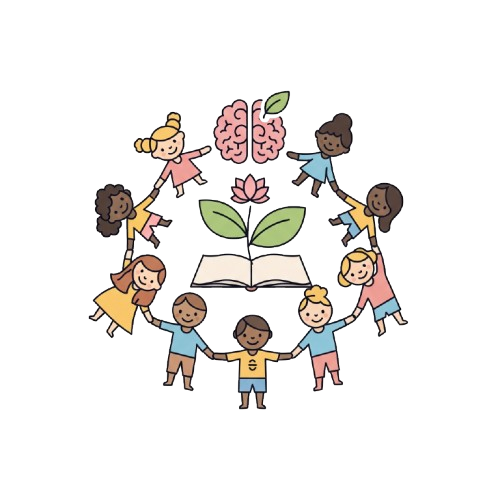 Whimsical line art icon showing a circle of diverse children holding hands around symbols of well-being: a sprouting plant, an open book, and a brain, representing holistic wellness and educational services for children and families.